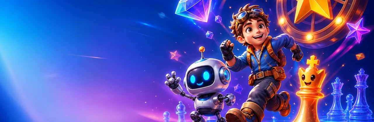 Banner sảnh game shbet với vòng quay sao và nhân vật thám hiểm