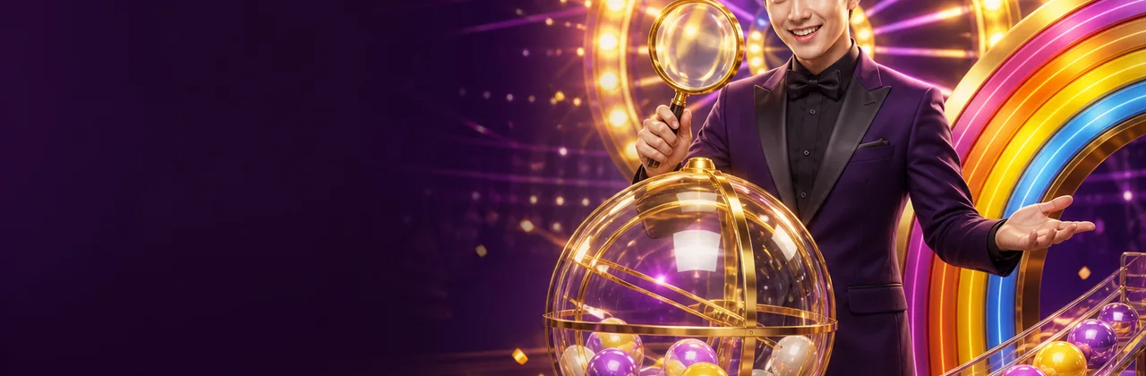 Banner mở thưởng với bảng số và người dẫn chương trình