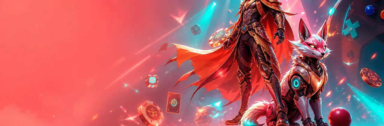 Banner game hot với chiến binh và cáo máy trên sân khấu